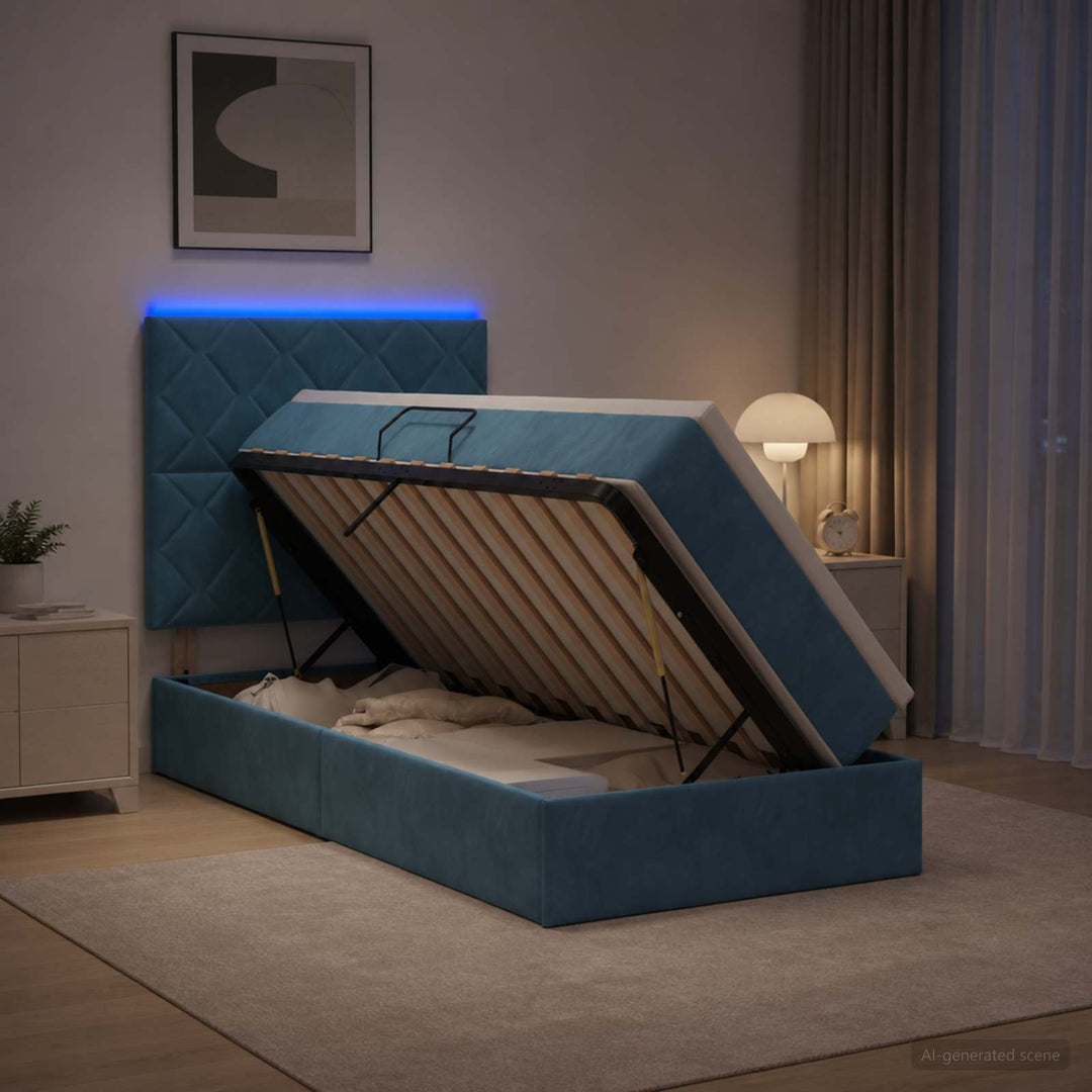 LED opbevarings seng med madras Mørk blå 100 x 200 cm Fløjl
