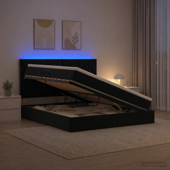 LED opbevarings seng med madras Sort 180 x 200 cm Fløjl