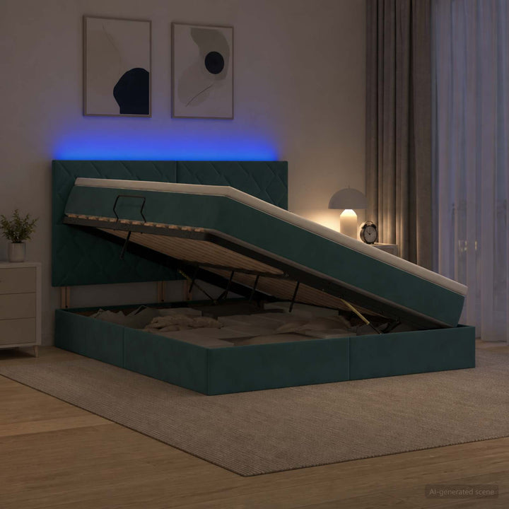 LED opbevarings seng med madras Mørkegrøn 140 x 200 cm Fløjl