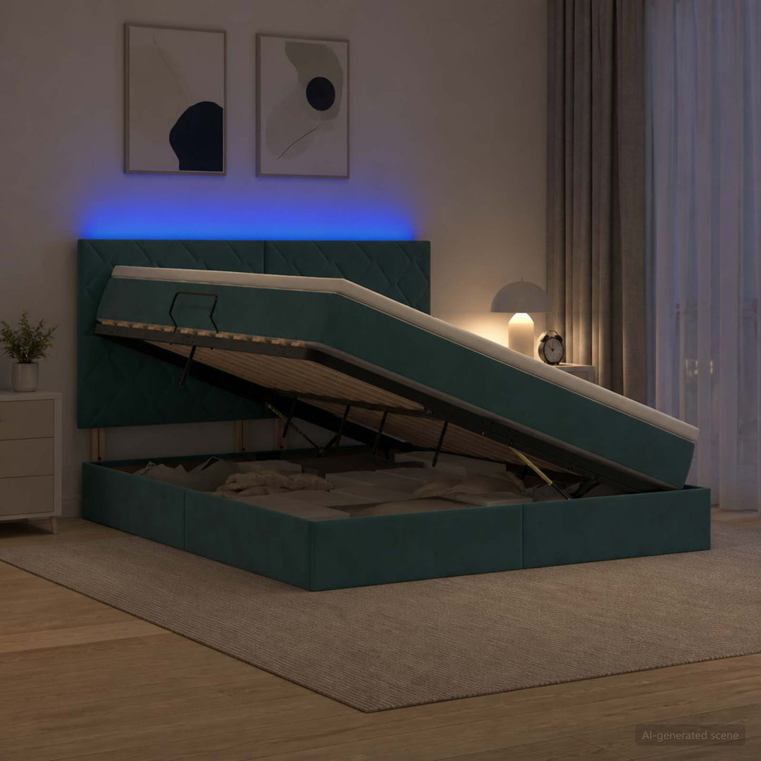 LED opbevarings seng med madras Mørkegrøn 180 x 200 cm Fløjl