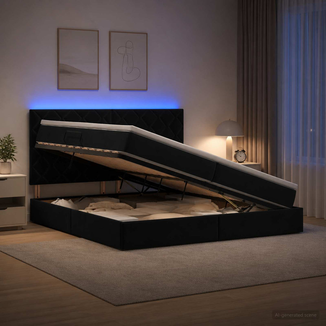 LED opbevarings seng med madras Sort 200 x 200 cm Fløjl