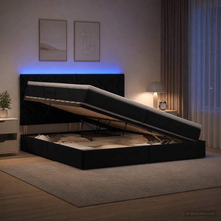 LED opbevarings seng med madras Sort 200 x 200 cm Fløjl
