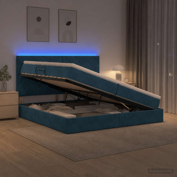 LED opbevarings seng med madras Mørk blå 200 x 200 cm Fløjl