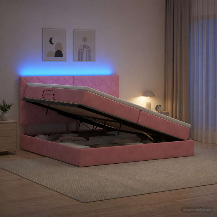 LED opbevarings seng med madras Lyserød 200 x 200 cm Fløjl