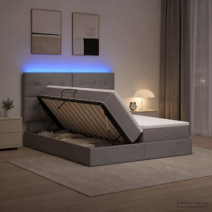 LED opbevarings seng med madras Gråbrun 180 x 200 cm Stof