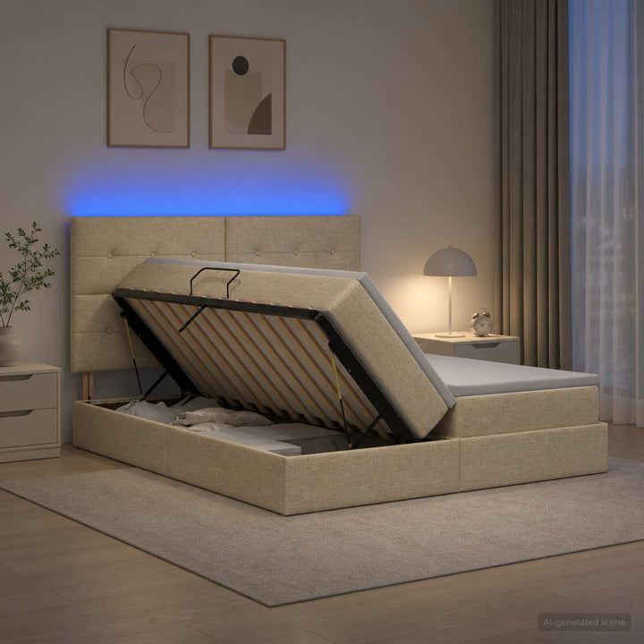 LED opbevarings seng med madras Cremefarvet 200 x 200 cm Stof