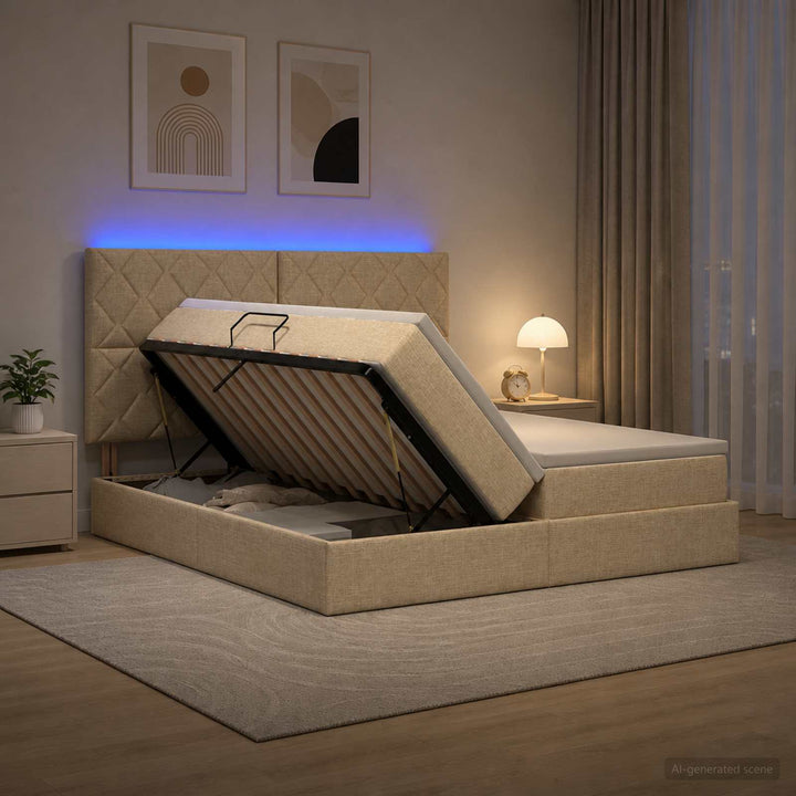 LED opbevarings seng med madras Cremefarvet 180 x 200 cm Stof