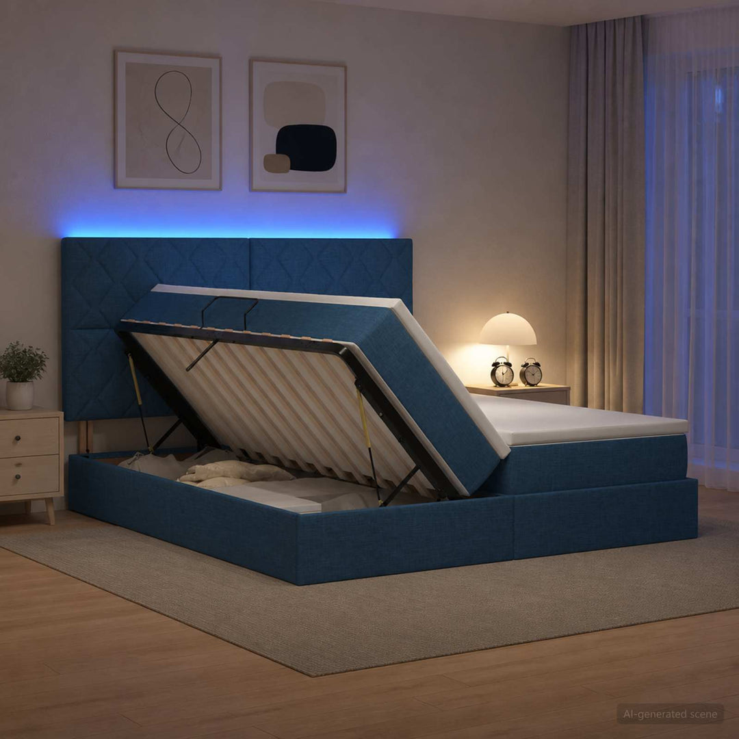 LED opbevarings seng med madras Blå 180 x 200 cm Stof