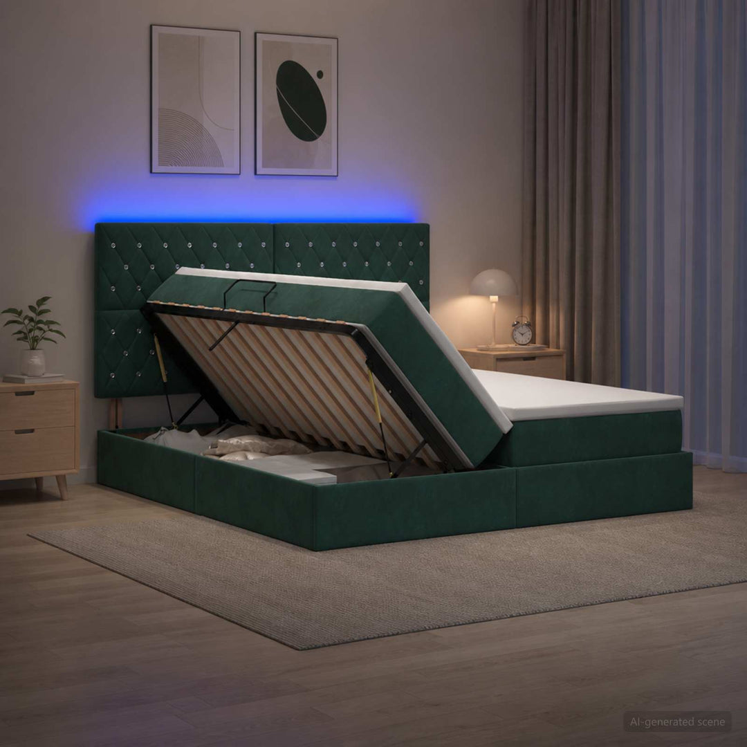 LED opbevarings seng med madras Mørkegrøn 200 x 200 cm Fløjl
