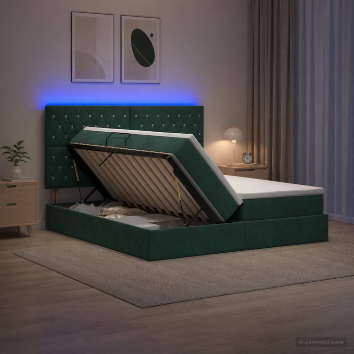 LED opbevarings seng med madras Mørkegrøn 200 x 200 cm Fløjl