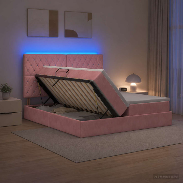 LED opbevarings seng med madras Lyserød 200 x 200 cm Fløjl