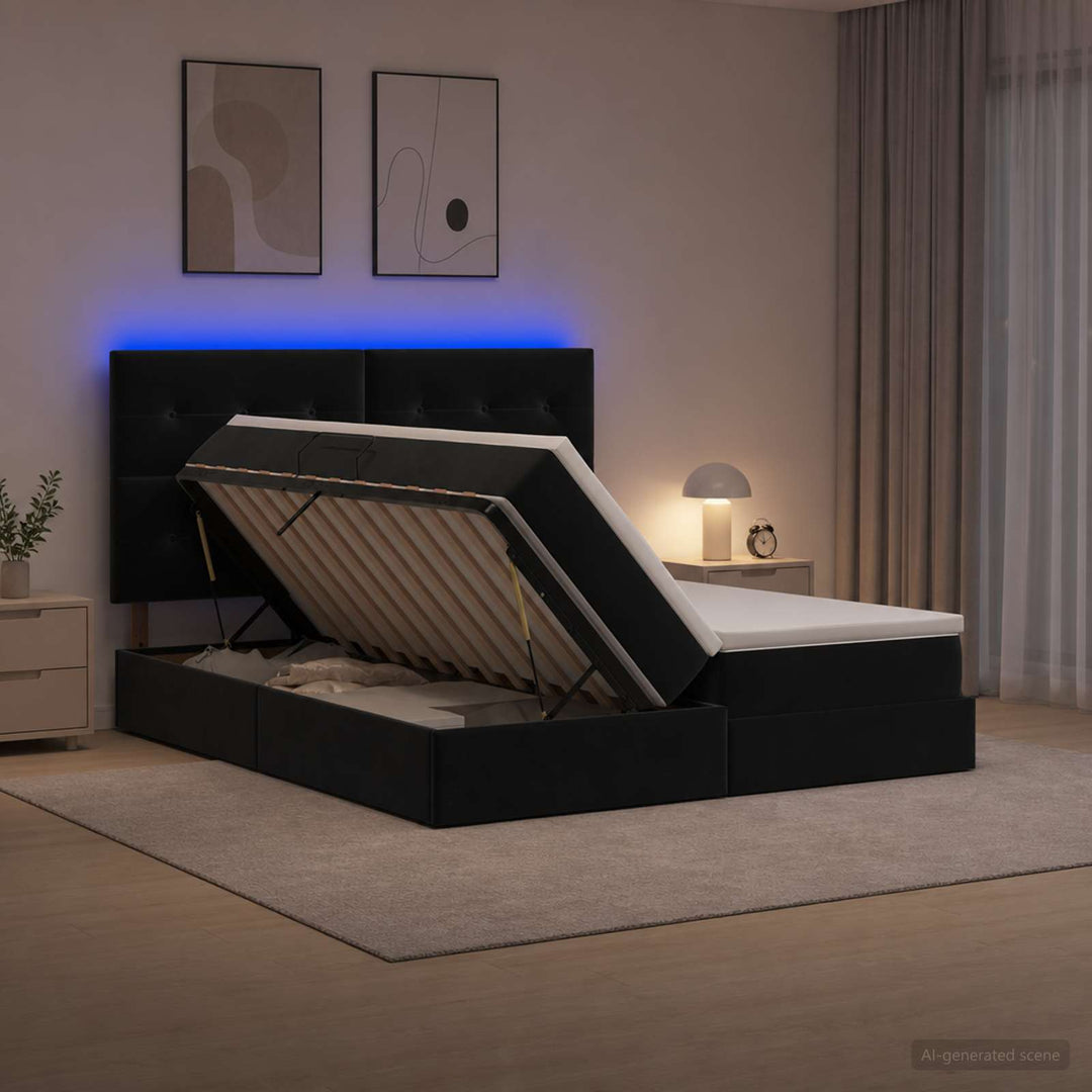 LED opbevarings seng med madras Sort 200 x 200 cm Fløjl