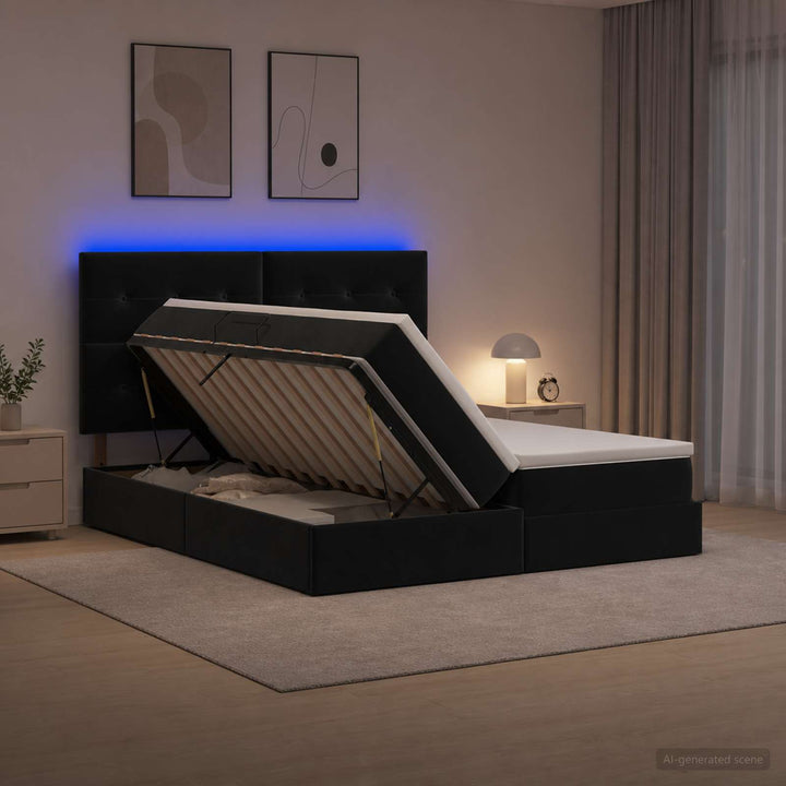 LED opbevarings seng med madras Sort 200 x 200 cm Fløjl