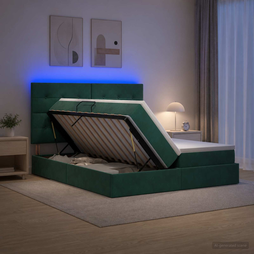 LED opbevarings seng med madras Mørkegrøn 200 x 200 cm Fløjl