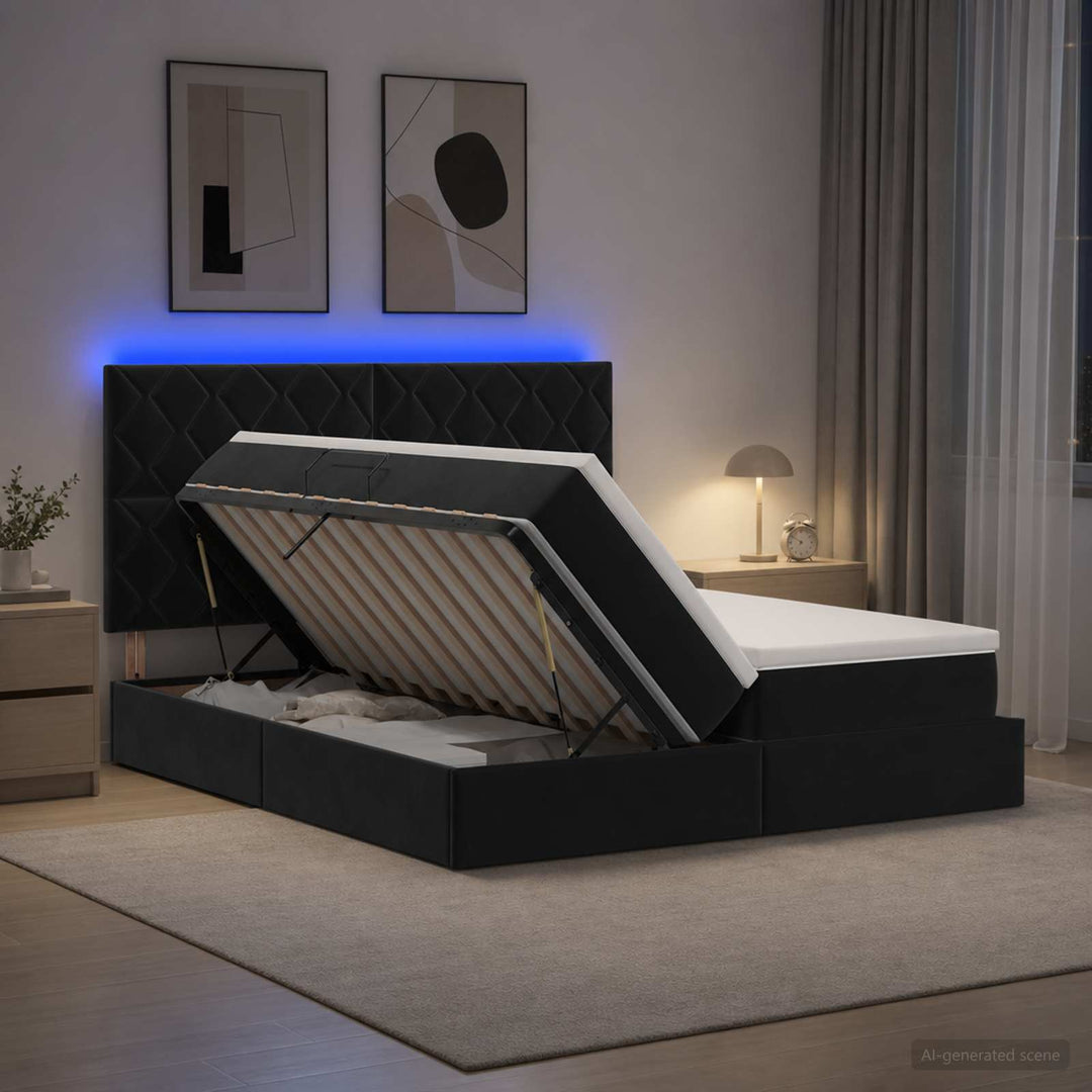 LED opbevarings seng med madras Sort 180 x 200 cm Fløjl