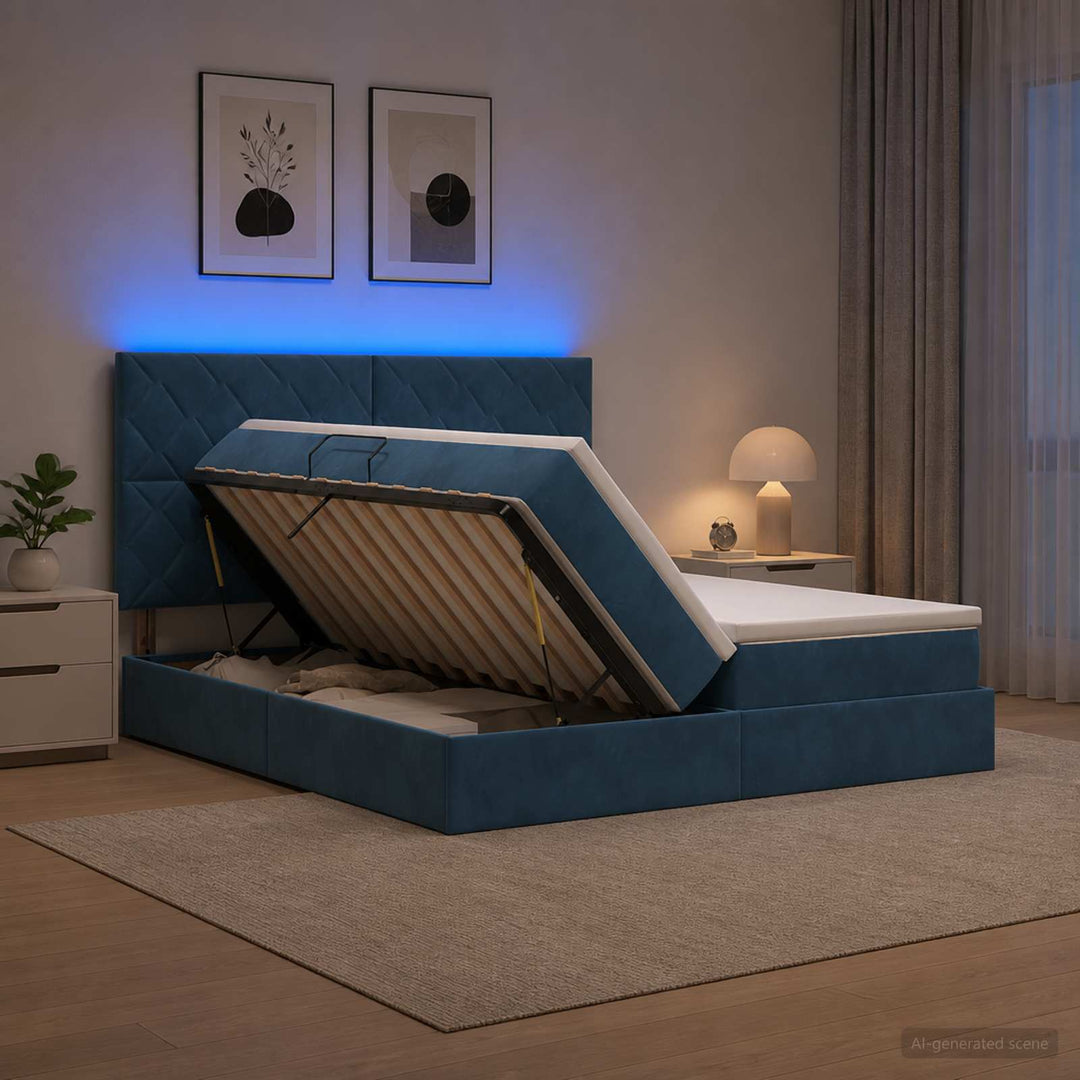 LED opbevarings seng med madras Mørk blå 200 x 200 cm Fløjl