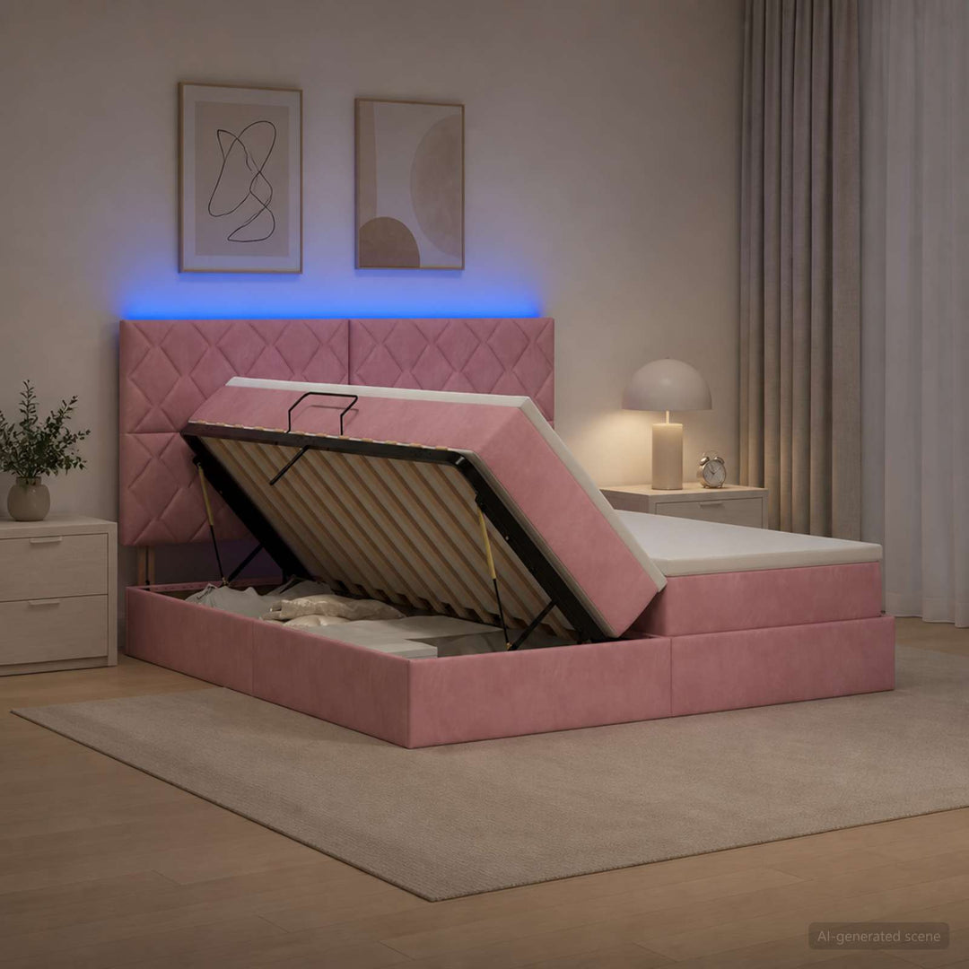 LED opbevarings seng med madras Lyserød 200 x 200 cm Fløjl