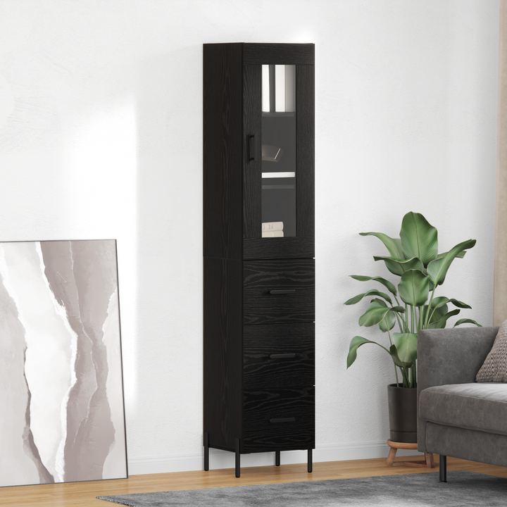 Highboard med skuffe Sort eg 34,5 x 34 x 180 cm Konstrueret træ