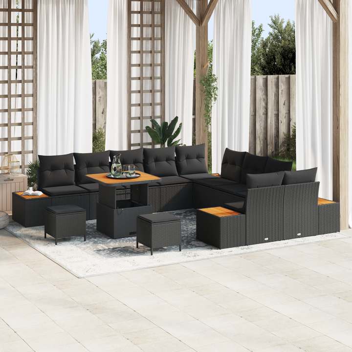Havesofa Sæt med pude med opbevaring 13 pcs Sort Poly rattan