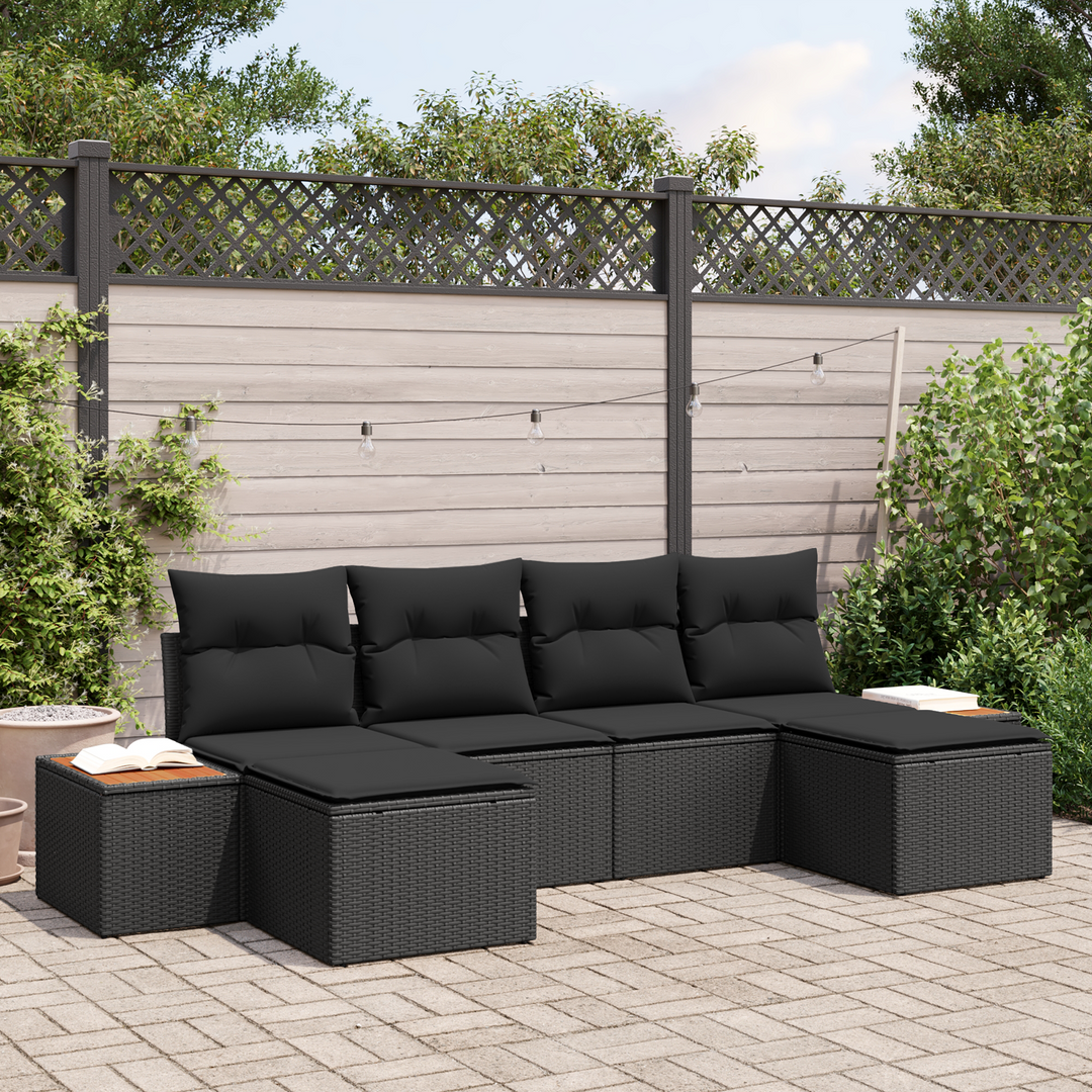 Havesofa Sæt med pude 6 pcs Sort Poly Rattan