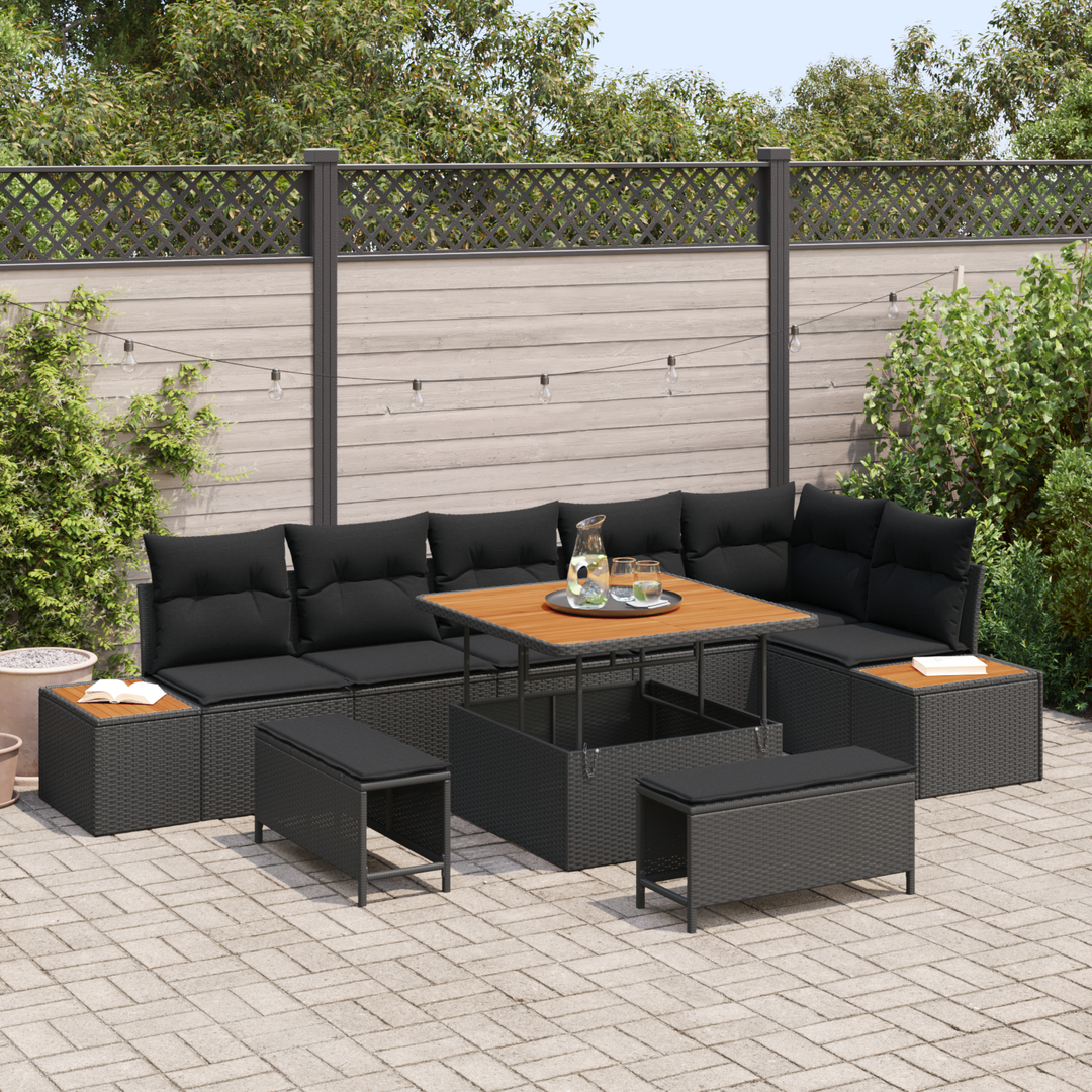 Havesofa Sæt med pude med opbevaring 9 pcs Sort Poly rattan