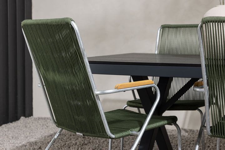 Venture Home Garcia Diningtable Alumnium - Black / Rectangular 100*200* +Bois Diningchair Steel - Silver / Green Rope _6