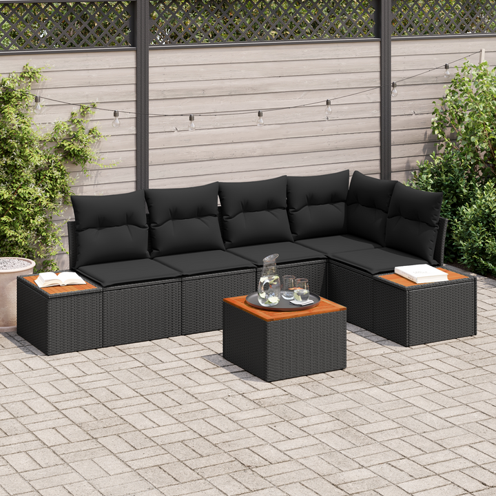 Havesofa Sæt med pude med opbevaring 6 pcs Sort Poly rattan