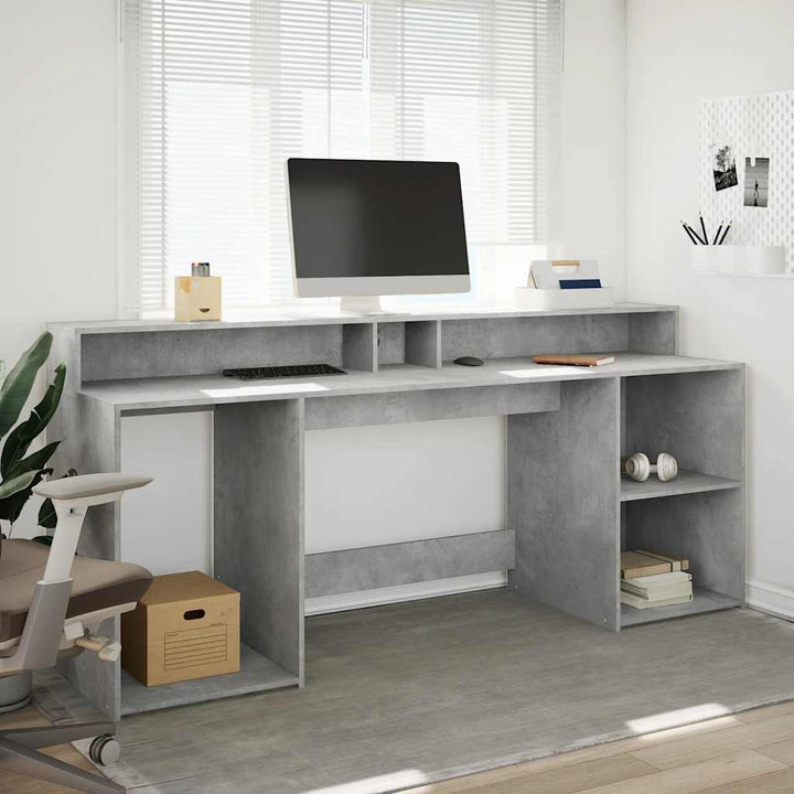 skrivebord med LED-lys 200x55x91 cm konstrueret træ betongrå