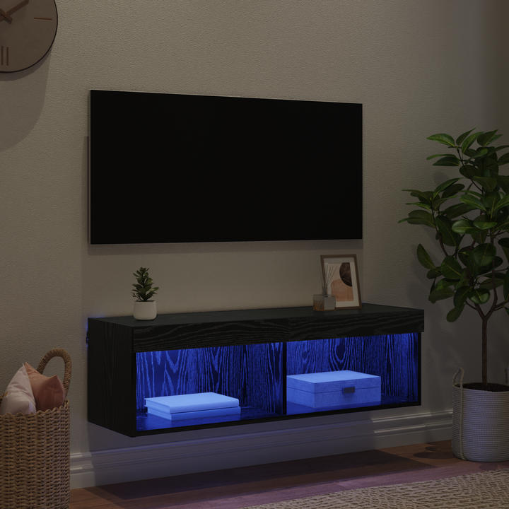 TV vægskab med LED Sort eg 100 x 30 x 30 cm Konstrueret træ