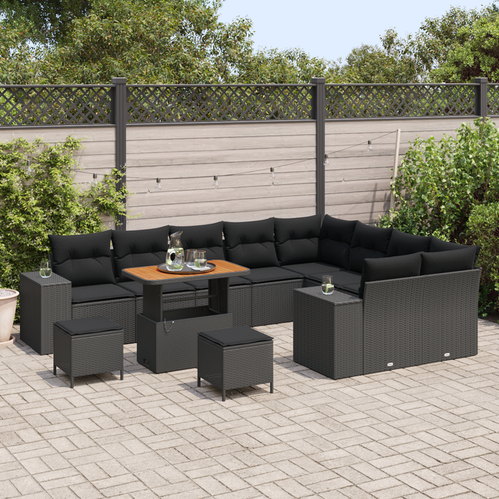 Havesofa Sæt 12 pcs Sort Polyrattan, stål og massivt akacietræ