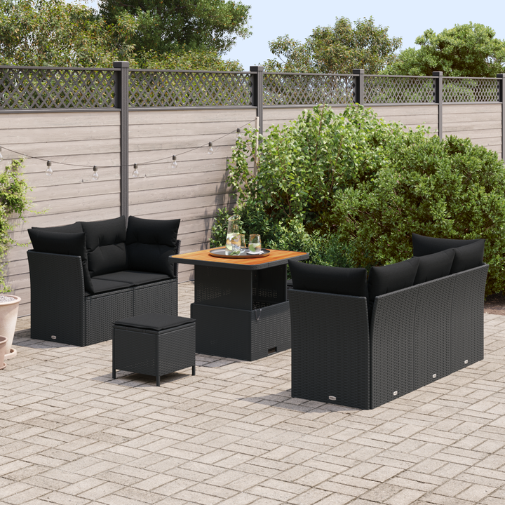 Havesofa Sæt 8 pcs Sort Poly rattan og pulverlakeret stål