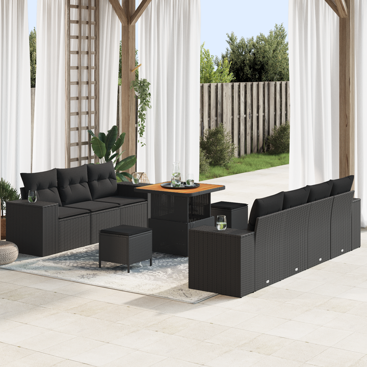 Havesofa Sæt med pude med opbevaring 10 pcs Sort Poly Rattan