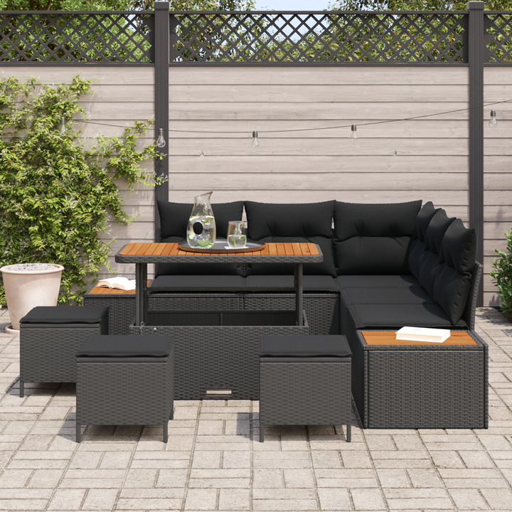 Havesofa Sæt med pude med opbevaring 9 pcs Sort Poly rattan