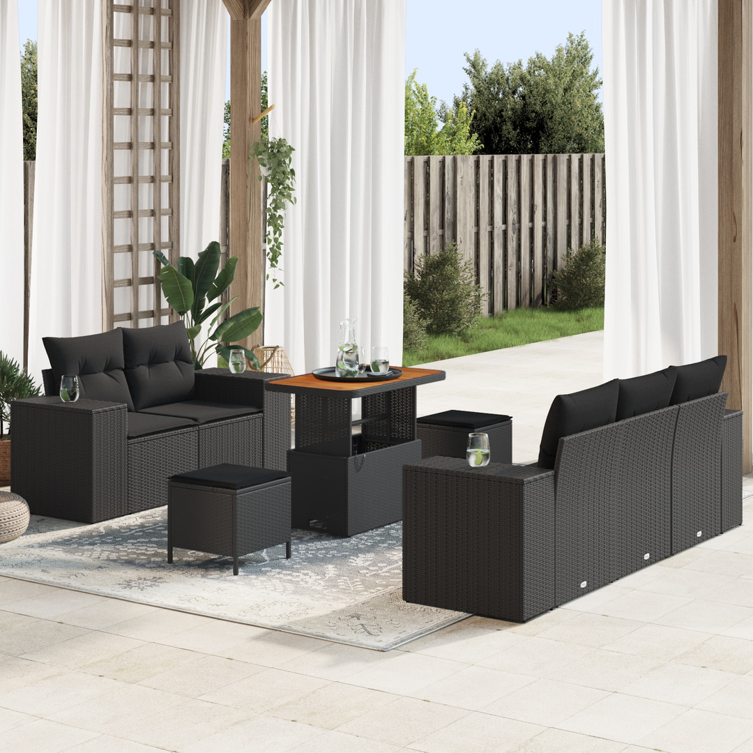 Havesofa Sæt med pude med opbevaring 8 pcs Sort Poly Rattan