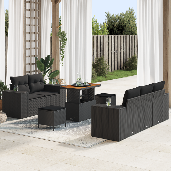 Havesofa Sæt med pude med opbevaring 8 pcs Sort Poly Rattan