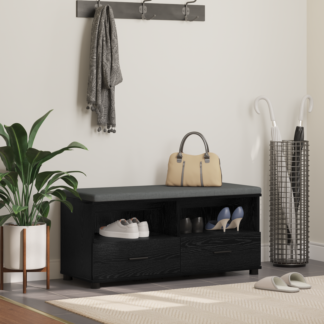Hallbænk med pude Sort Eg 100 x 38 x 46 cm Kunstigt træ og stof