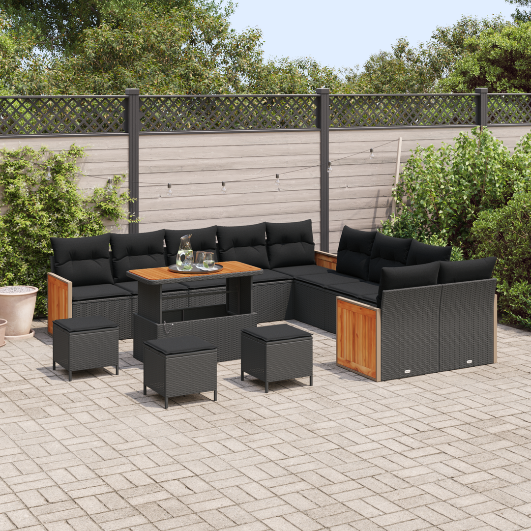 Havesofa Sæt 14 pcs Sort Poly Rattan og pulverlakeret stål