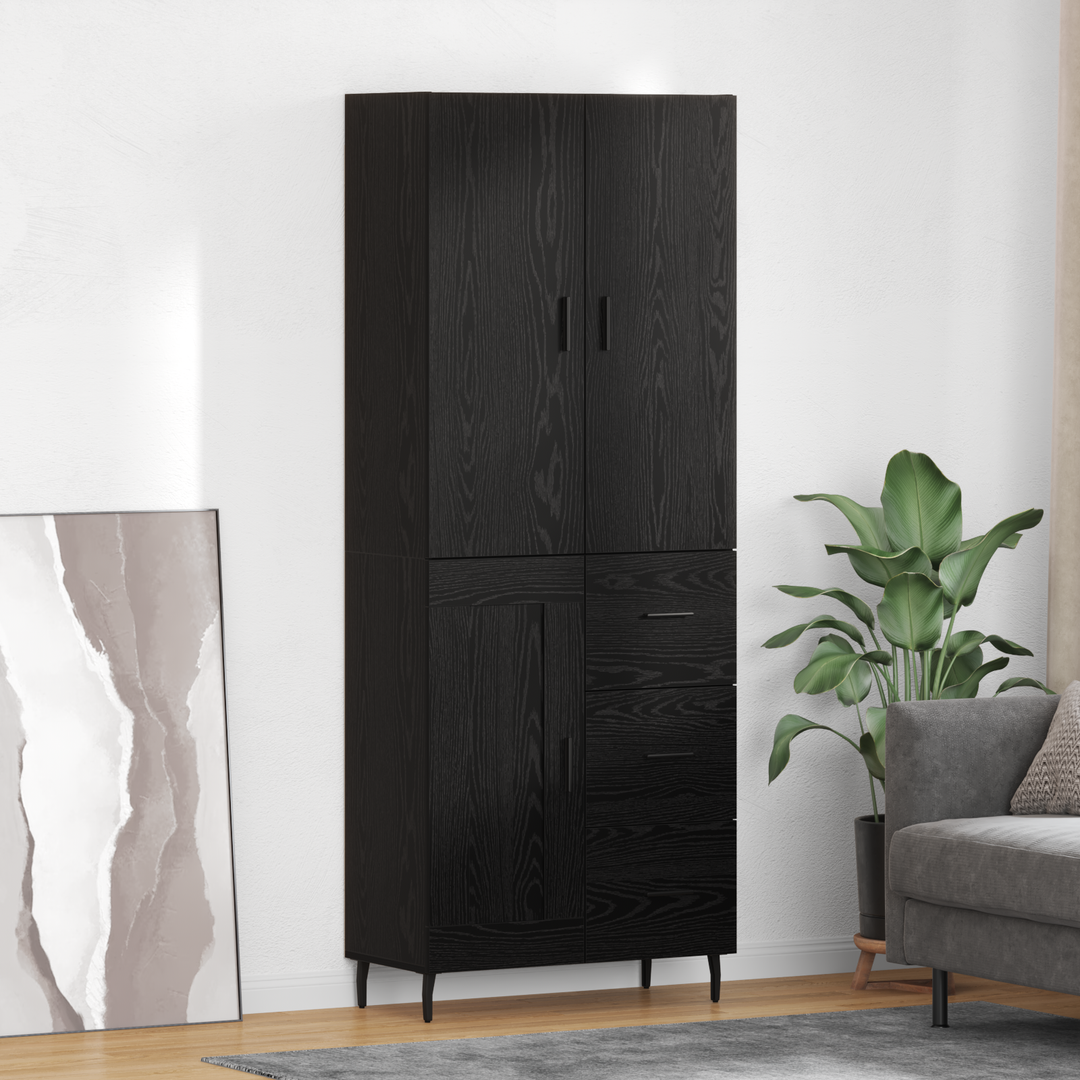 Highboard med skuffe 2 pcs Sort eg Ingeniørtræ og glas