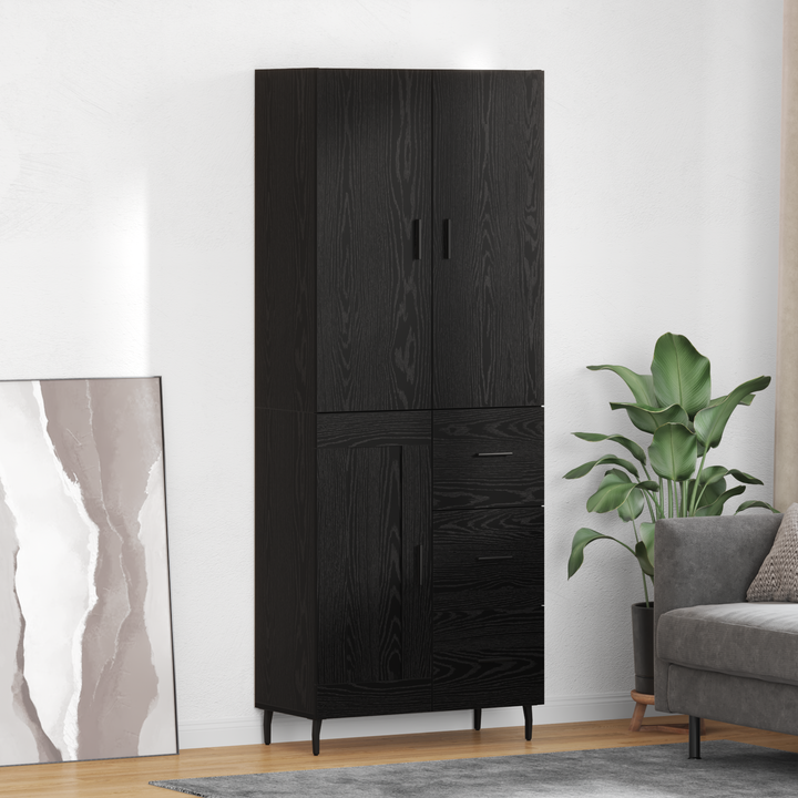 Highboard med skuffe 2 pcs Sort eg Ingeniørtræ og glas