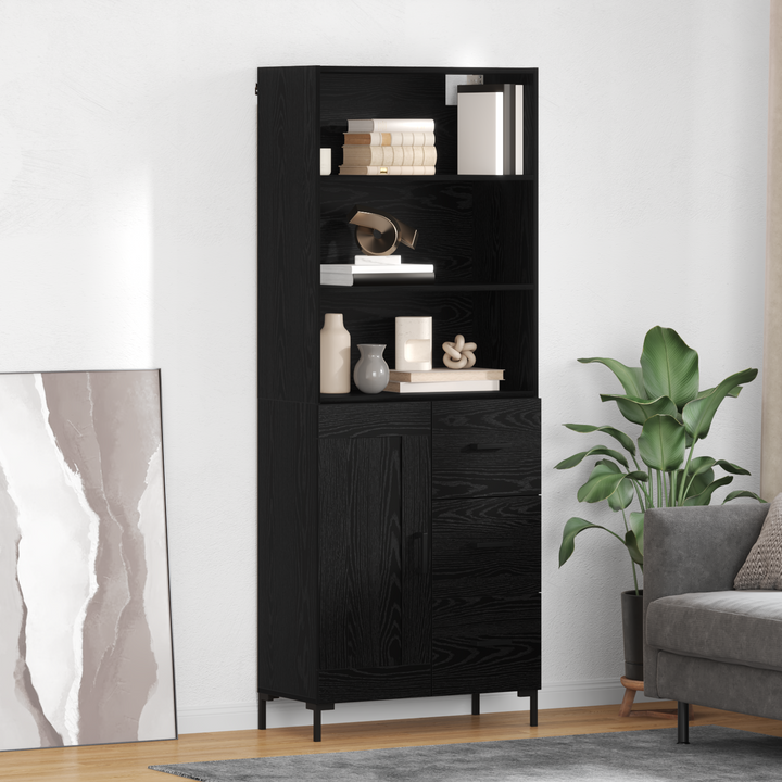 Highboard med skuffe Sort eg 69,5 x 34 x 180 cm Konstrueret træ
