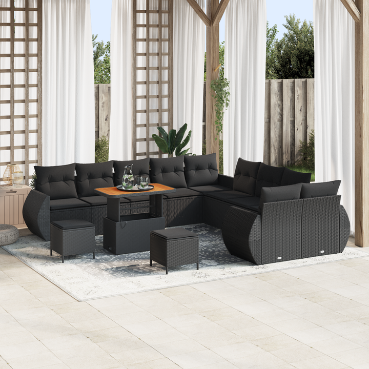 Havesofa Sæt 13 pcs Sort Polyrattan og pulverlakeret stål