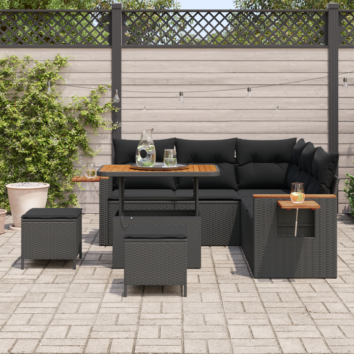 Havesofa Sæt med pude 9 pcs Sort polyrattan