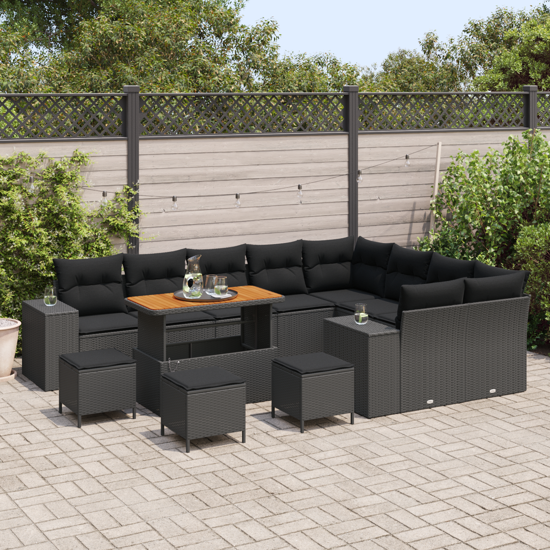 Havesofa Sæt 13 pcs Sort Polyrattan, stål og massivt akacietræ