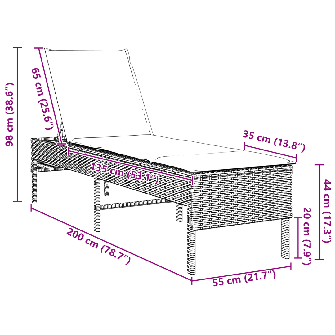 liggestol med hynde 55x200x44 cm polyrattan brun