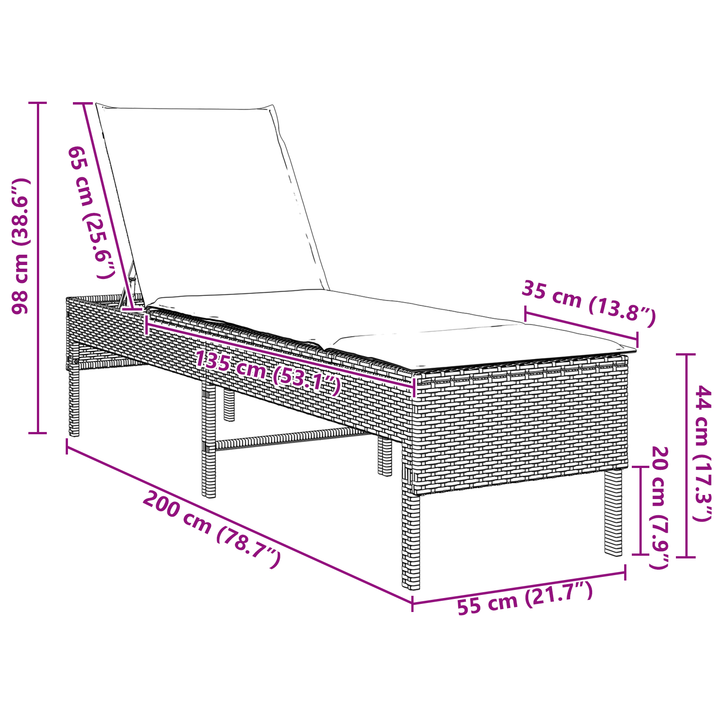 liggestol med hynde 55x200x44 cm polyrattan brun