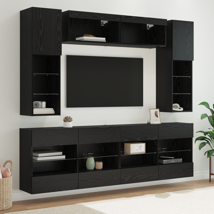 Tv vægskab sæt med LED 6 pcs Sort Eg Konstrueret træ