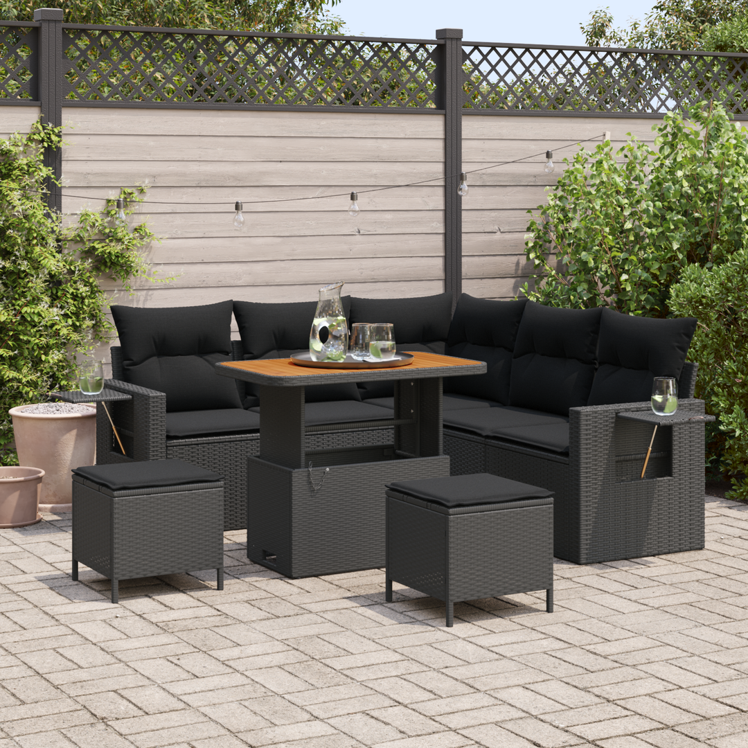 Havesofa Sæt med pude 9 pcs Sort polyrattan