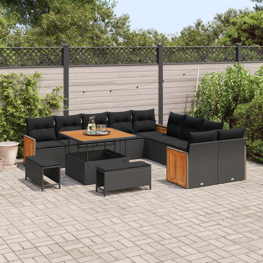 Havesofa Sæt 13 pcs Sort Poly Rattan og pulverlakeret stål