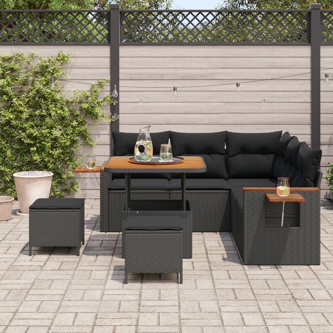 Havesofa Sæt med pude 9 pcs Sort polyrattan