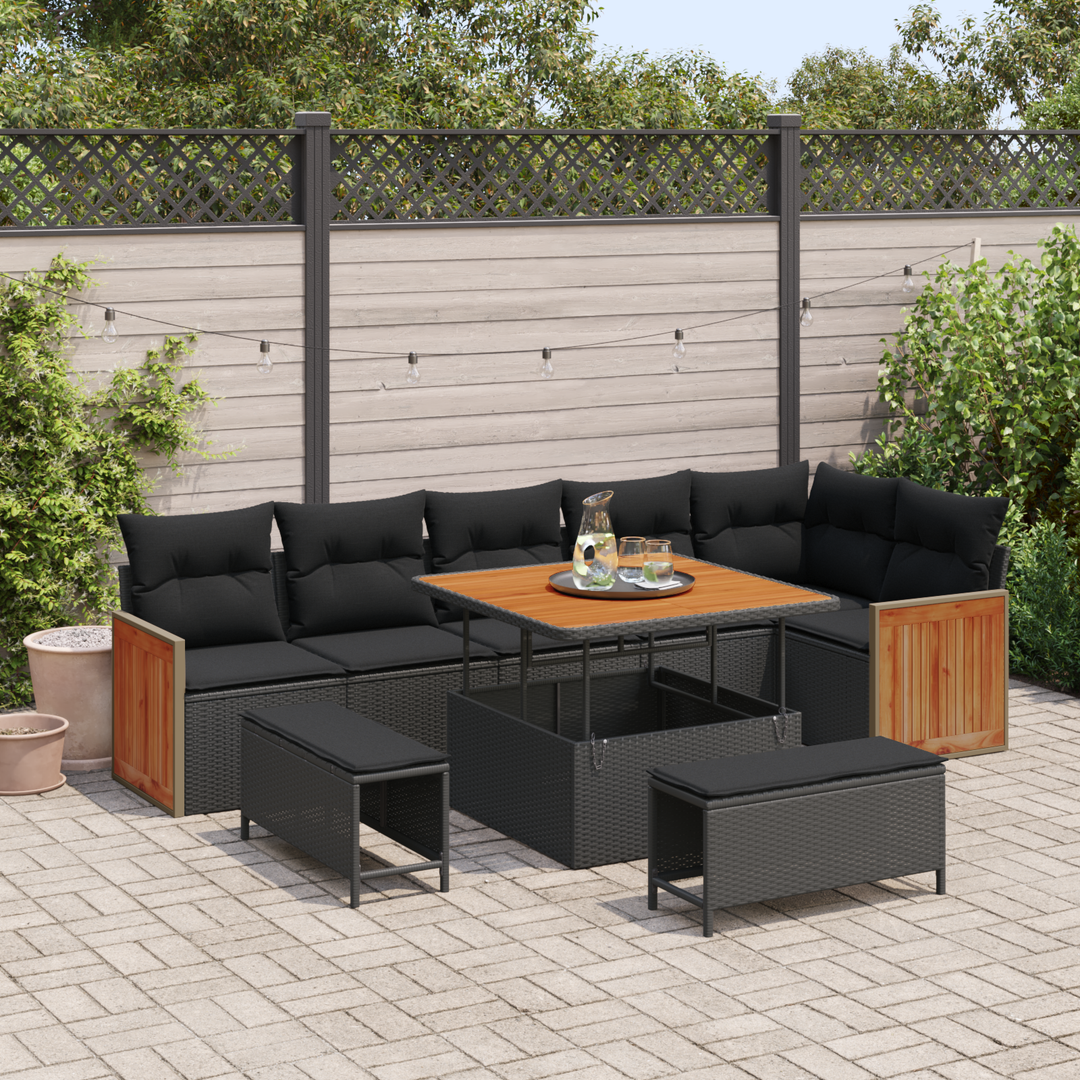 Havesofa Sæt 9 pcs Sort Poly Rattan og pulverlakeret stål